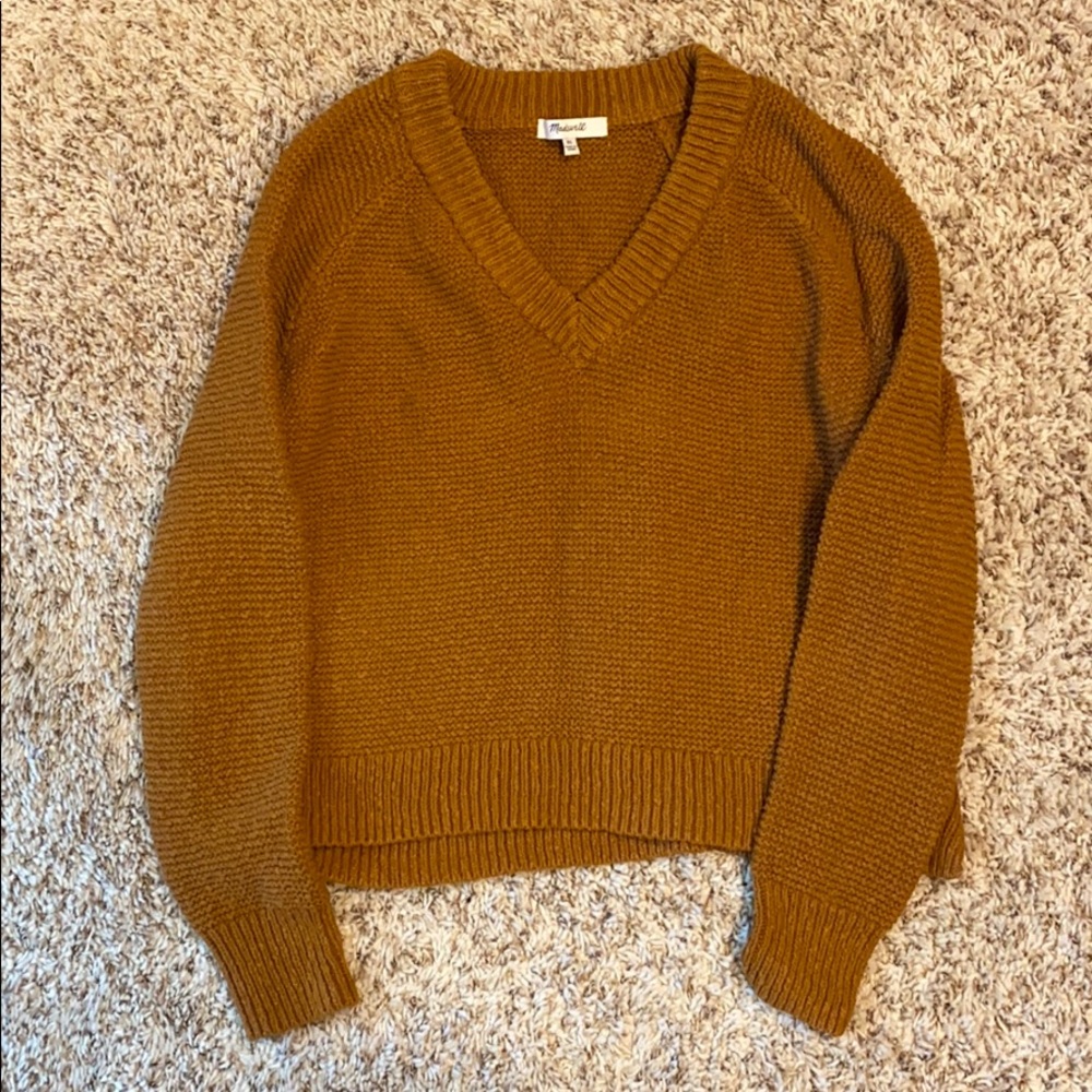 Madewell V-Neck Cotton Knit Sweater in Mustard Brown